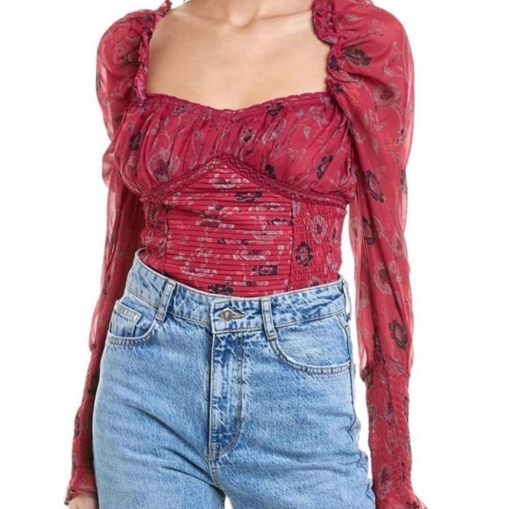 Free People Intimately Brunch Date Bodysuit Floral Print In Red Combo NWT $128